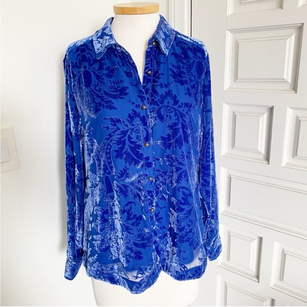 NWT Soft Surroundings Floreat Velvet Shirt Sapphire Blue Button Down Top Medium - Picture 12 of 16